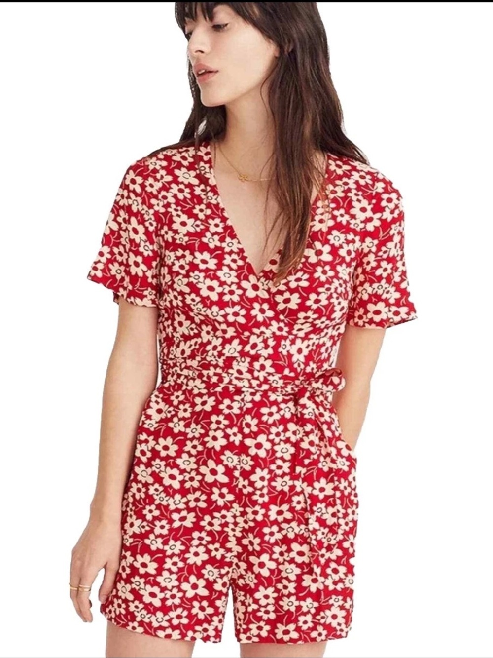 Madewell Romper Womens Red Floral Wrap Front Tie Waist Short Sleeve Size 0
